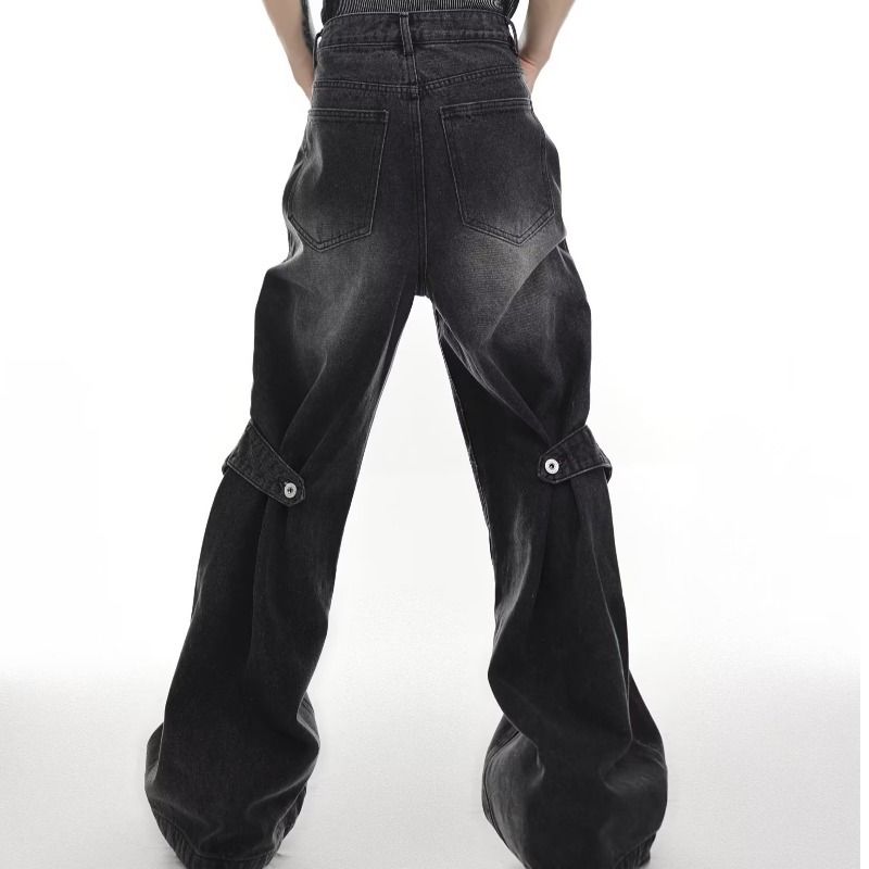 Men's Clothing Distressed Wide Leg Jeans - Streetwear High Waisted Relaxed Fit Denim Pants With Deconstructed Panels & Adjustable Flare Hem_mkmklike.com