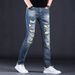 Men's Slim Fit Stretchy Ripped Denim Jeans Blue Distressed Trousers Simple Style_mkmklike.com