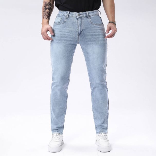 Slim Fit Stretch Denim Jeans For Men Glossy Blue Skinny Midweight Polyester Jeans Mid Waist Slight Stretch Machine Washable_mkmklike.com
