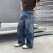 Unisex Baggy Jeans In Frost Blue Wash – Oversized Straight-Leg Vintage Denim Pants With Distressed Detailing_mkmklike.com