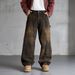 Vintage Washed Men's Relaxed Fit Straight Leg Jeans With Hand-Painted Graffiti Details In Retro Brown_mkmklike.com