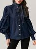 K European And American Style Women's Fashion New Lace Up Bow Denim Shirt_mkmklike.com
