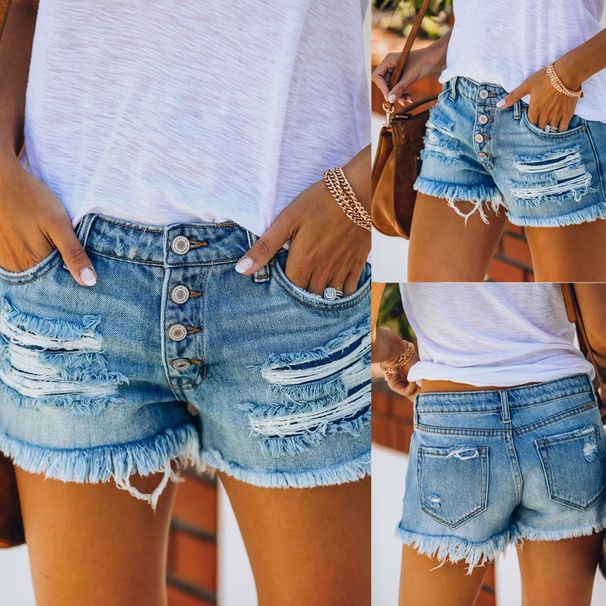 Women's Clothing Trendy Women's Ripped Fringed Denim Straight Breasted Shorts Women's Hot Pants_mkmklike.com