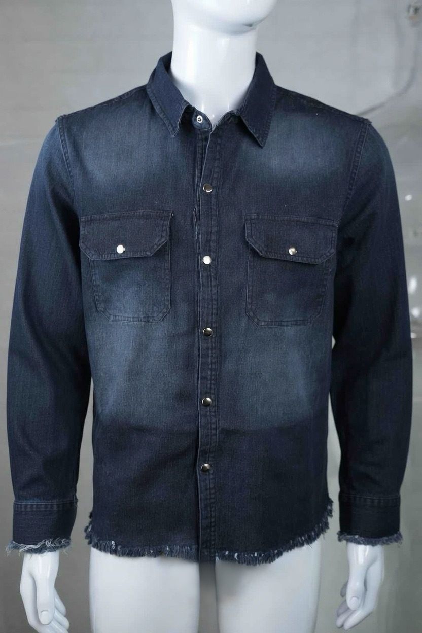 Men's Long Sleeved Denim Shirt Cardigan Turn Down Collar Snap Buttons Frayed Edges European American Style Fashion_mkmklike.com
