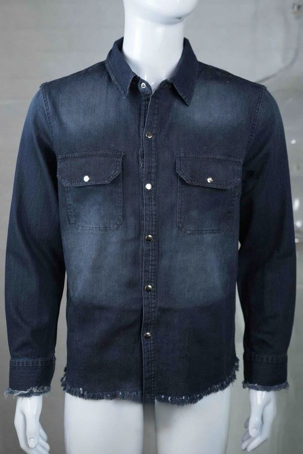 Men's Long Sleeved Denim Shirt Cardigan Turn Down Collar Snap Buttons Frayed Edges European American Style Fashion_mkmklike.com