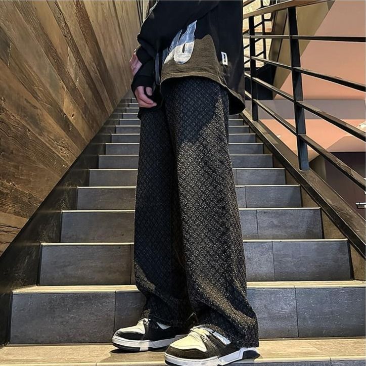 Men's Floral Jacquard Jeans - Retro Loose Fit Straight Leg Trousers With Dropped Crotch For Casual Streetwear (Black/Blue, S-XXXL)_mkmklike.com