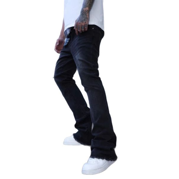 HME Men's Slim Fit Jeans Fleece Lined Thickened Frayed Edges High Street Style Slightly Flared Pants European American Cross Border TikTok_mkmklike.com