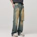 Vintage Yellow Mud-Dyed Ripped Jeans For Men American High Street Fashion Loose Straight-Leg Draped Dad Long Pants_mkmklike.com