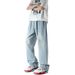 Men's Distressed Light Blue Jeans - Relaxed Straight Leg Ripped Denim Pants With Elastic Waist For Casual Streetwear_mkmklike.com