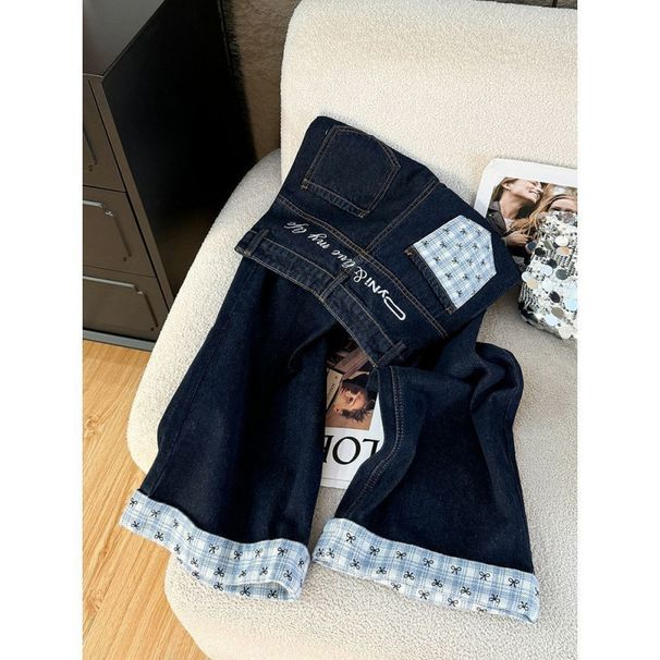Women's High-Waisted Wide-Leg Jeans – Contrast Cuff & Letter Embroidery, Relaxed Fit Dark Blue Denim Pants (XS-3XL)_mkmklike.com
