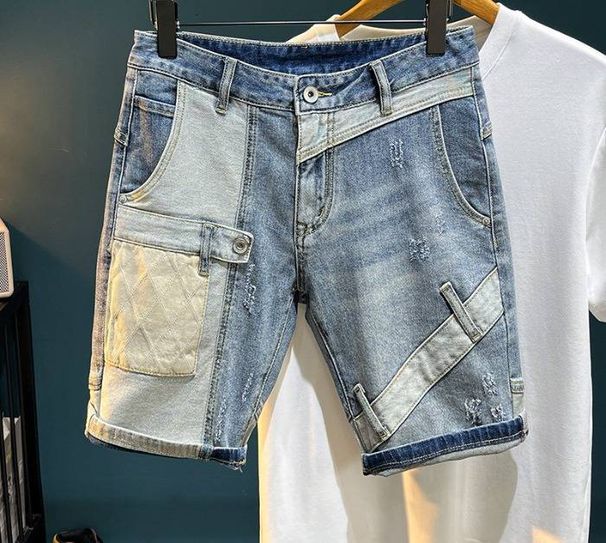 Men's Trendy Ripped Stretchy Slim Fit Jeans Blue Embroidered Patches Mid Length Shorts Korean Style Basic Straight Leg In Stock_mkmklike.com