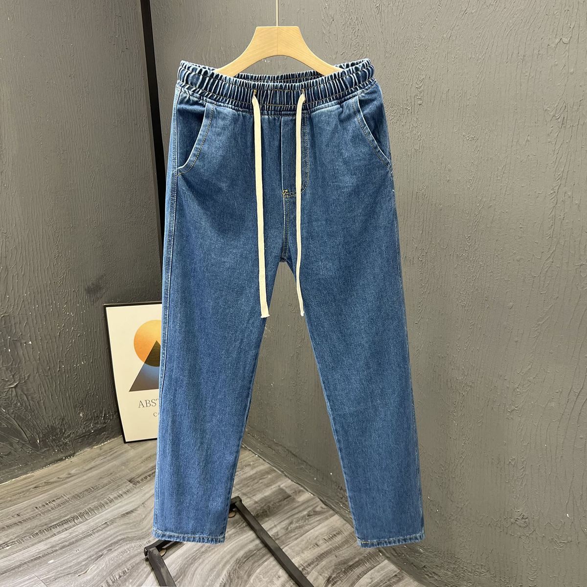 Men's American Style Elastic Waist Jeans Casual Wide Leg Trousers Comfortable High Street Retro Straight Leg_mkmklike.com