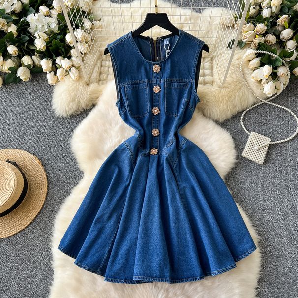 Women's Clothing Sleeveless Vest Denim Skirt Waist Slimming Heavy Beaded Single Breasted Pleated Dress_mkmklike.com