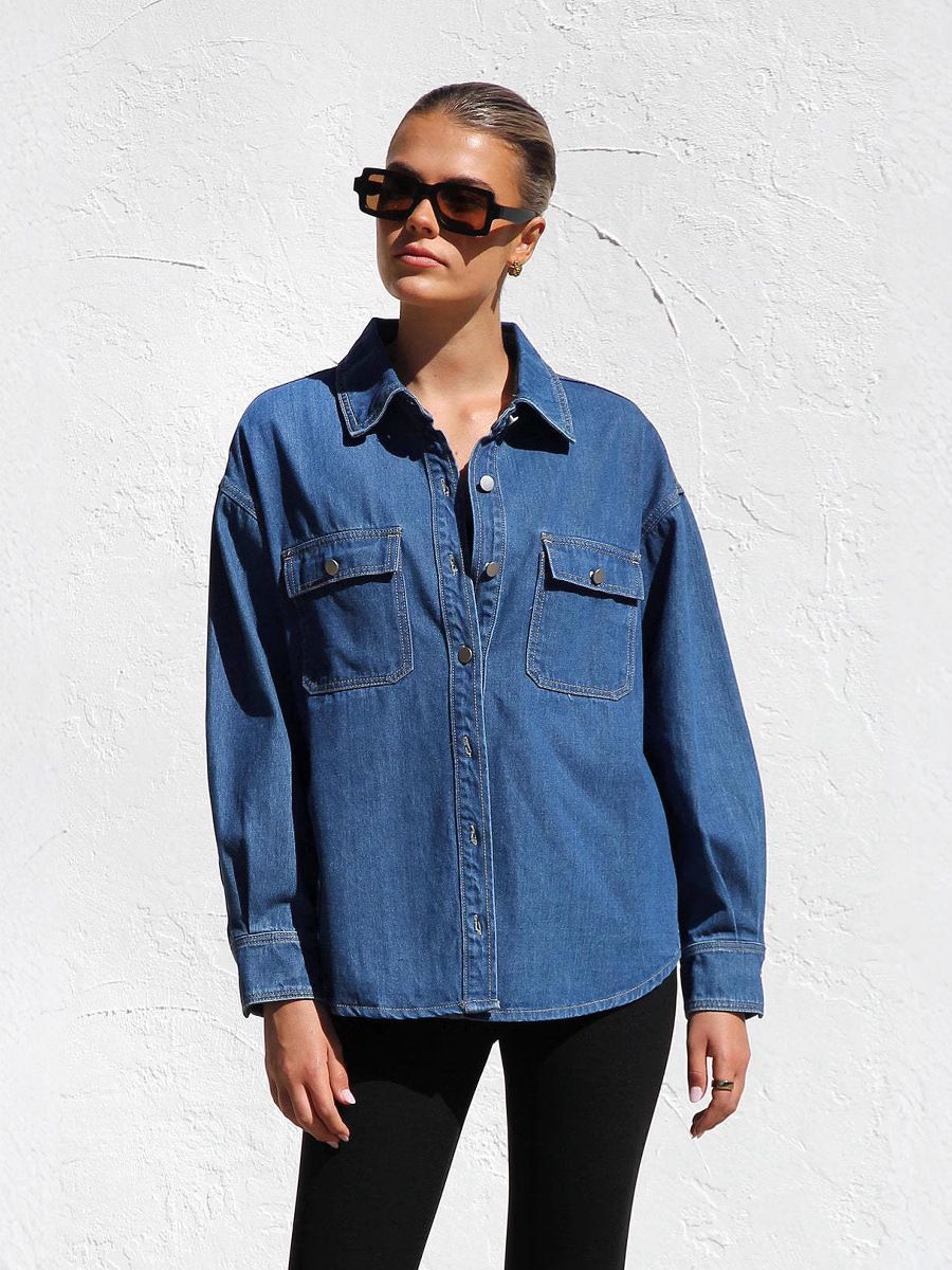 Women's Clothing Denim Shirt For Women New Fashion Casual Versatile Double Pocket Loose Shirt_mkmklike.com