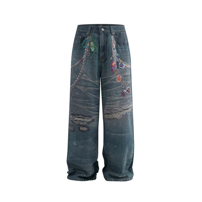 Men’s Vintage Chain Print Denim Jeans – Relaxed Straight-Leg Baggy Pants With 3D Detailing (S-XL, Blue)_mkmklike.com