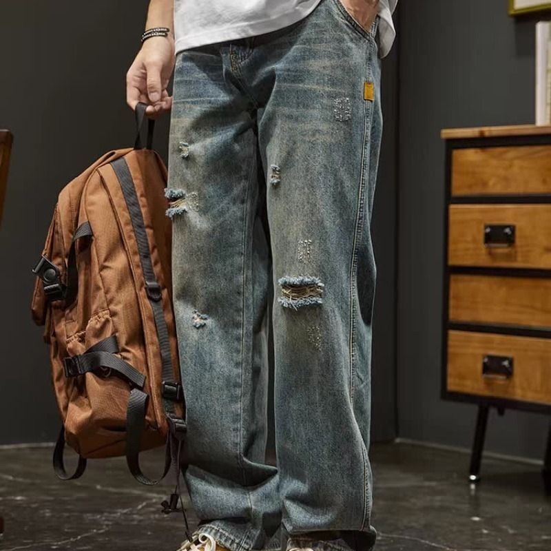 Men's Clothing Light Blue Washed Jeans Men's American Loose Straight Pants Spring And Summer Trendy High Street Wide Leg Casual Long Pants_mkmklike.com