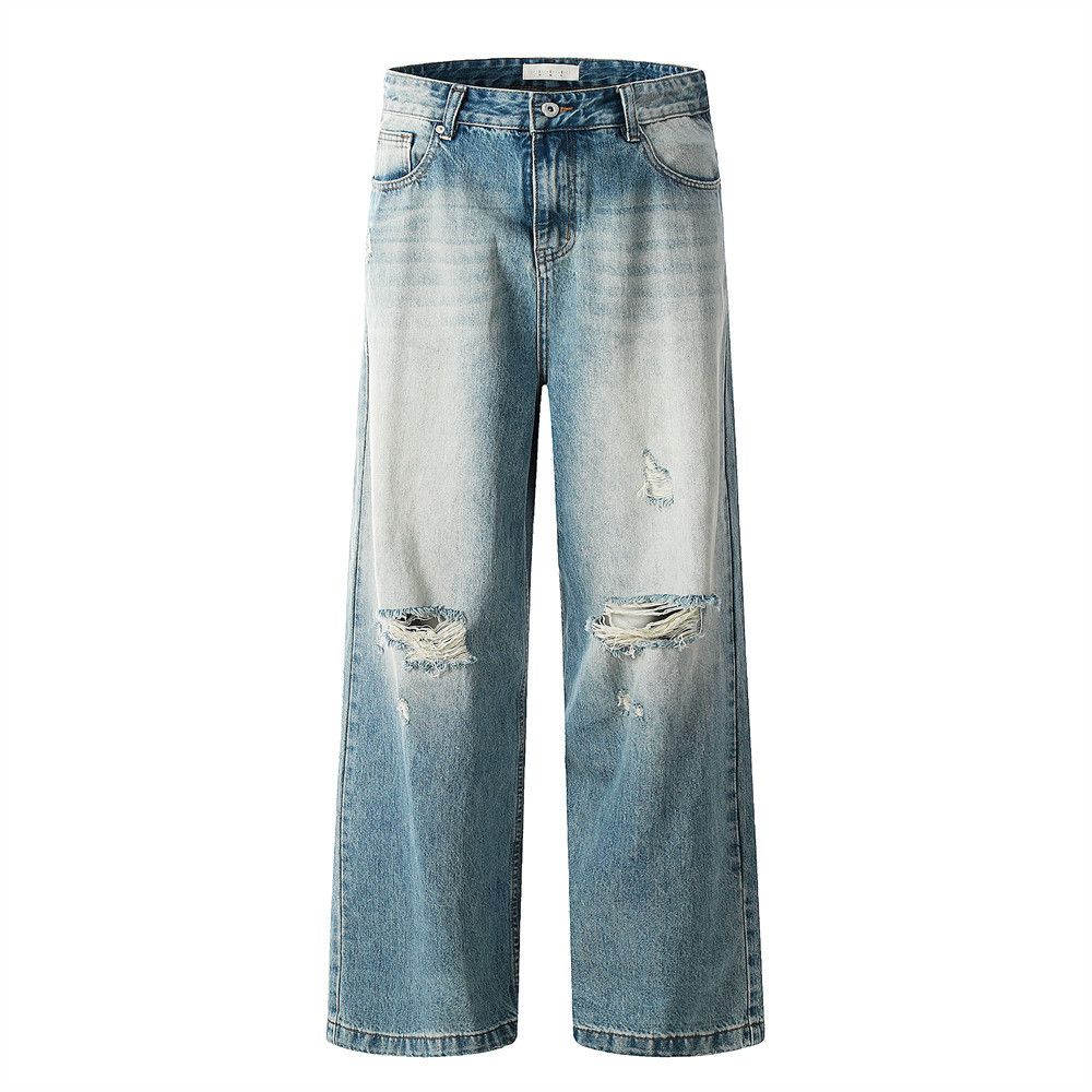 Washed Denim Jeans For Men Loose Wide-Leg Straight Long Gradient Distressed Ripped Pants Street Fashion Punk_mkmklike.com