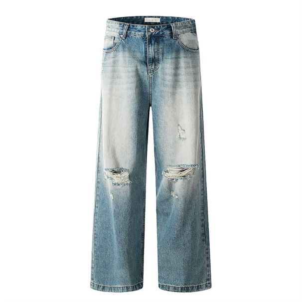 Washed Denim Jeans For Men Loose Wide-Leg Straight Long Gradient Distressed Ripped Pants Street Fashion Punk_mkmklike.com