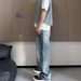 Men's Retro Blue Jeans American Style Summer Washed Distressed Straight Leg Loose Casual Pants_mkmklike.com