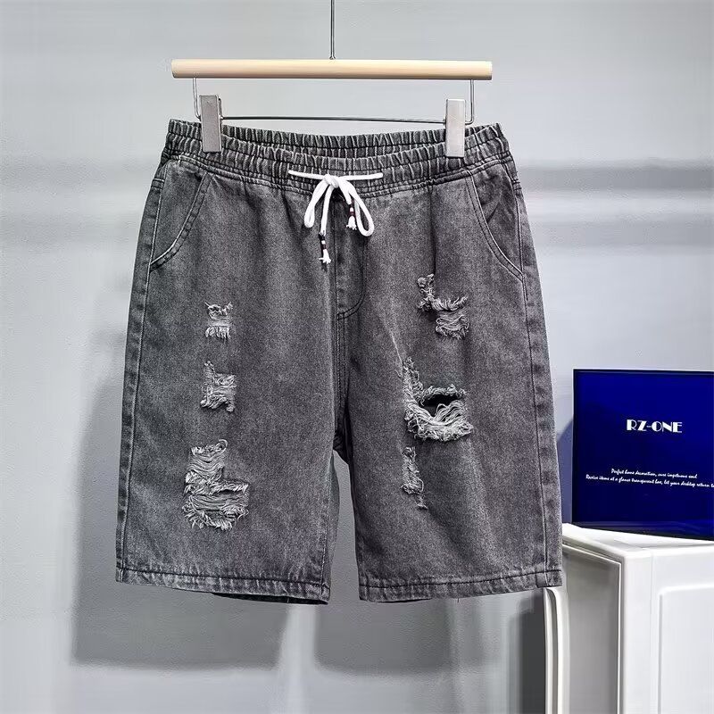 Men's Thin Ripped Denim Shorts Summer New Style Loose Straight Leg Casual Five Point Cotton Mid Waist Black Blue_mkmklike.com