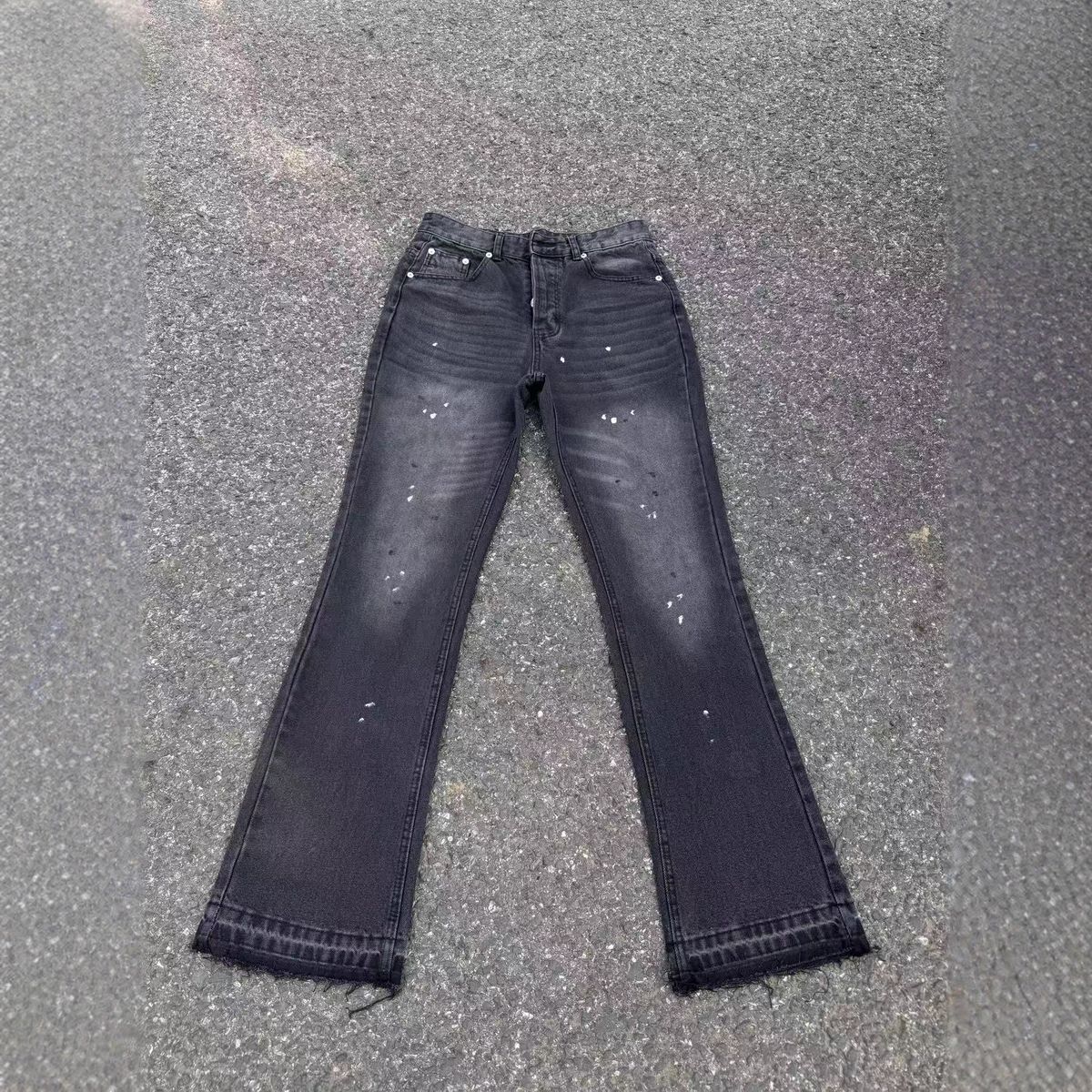 Washed Splatter Paint Fringe Distressed Flared Jeans For Men - Retro Vibe, Niche Tailoring, Asymmetrical Hem (Black, Blue)_mkmklike.com