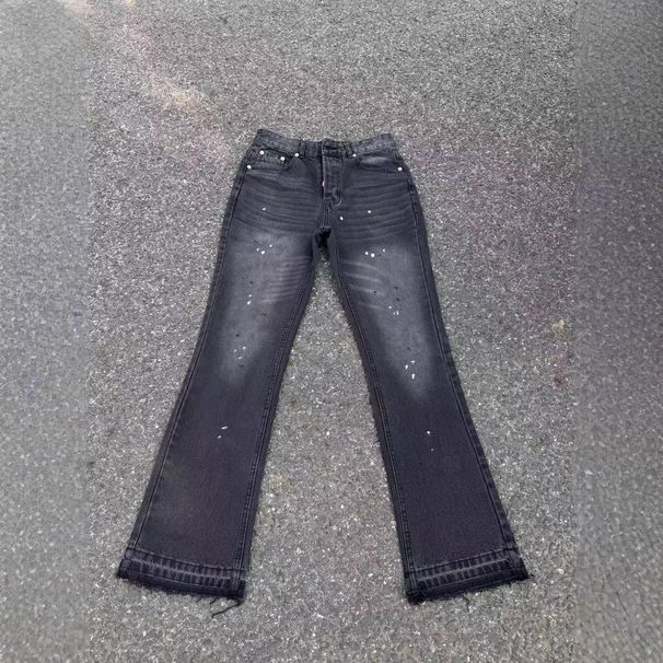 Washed Splatter Paint Fringe Distressed Flared Jeans For Men - Retro Vibe, Niche Tailoring, Asymmetrical Hem (Black, Blue)_mkmklike.com