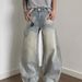Vintage Washed Distressed Denim Jeans Unisex High Waisted Loose Fit Wide Leg Streetwear Pants With Button Fly & Deconstructed Hem_mkmklike.com