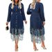 K Plus-size Women's Fashion Patchwork Denim Collarless Long-sleeved Fringed Midi Dress_mkmklike.com