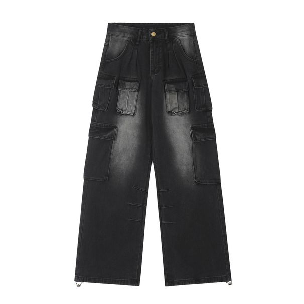 Men's Vintage Washed Distressed Jeans - Streetwear Casual Denim Pants With Multiple Pockets, Mid-Rise, Relaxed Fit, Straight Leg (Black, Blue)_mkmklike.com