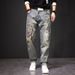 American Retro Koi Embroidered Jeans Men's National Style Fattened Plus Size Heavy Industry Old High Street Ripped Jeans_mkmklike.com