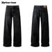 Men's Heavyweight 14.8oz Vintage Washed Denim Jeans – Relaxed Fit Straight-Leg & Slight Flare (Black)_mkmklike.com