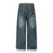 American Street Style Bear Embroidery Straight-Leg Jeans For Men With Design Sense, Rolled Hem, Color-Block Plaid_mkmklike.com