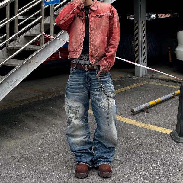 Men's Distressed Washed Denim Trousers Cross Border Embossed Print Loose Retro Wide Leg American Style Jeans_mkmklike.com