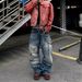 Men's Distressed Washed Denim Trousers Cross Border Embossed Print Loose Retro Wide Leg American Style Jeans_mkmklike.com