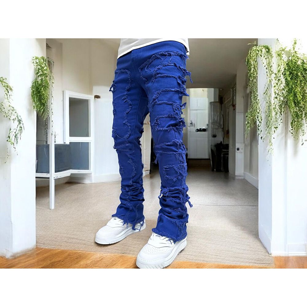 Men's Clothing Fashionable Patchwork Layered Design Jeans - Relaxed Straight Leg Pants For Men & Women (Multiple Colors & Sizes Available)_mkmklike.com