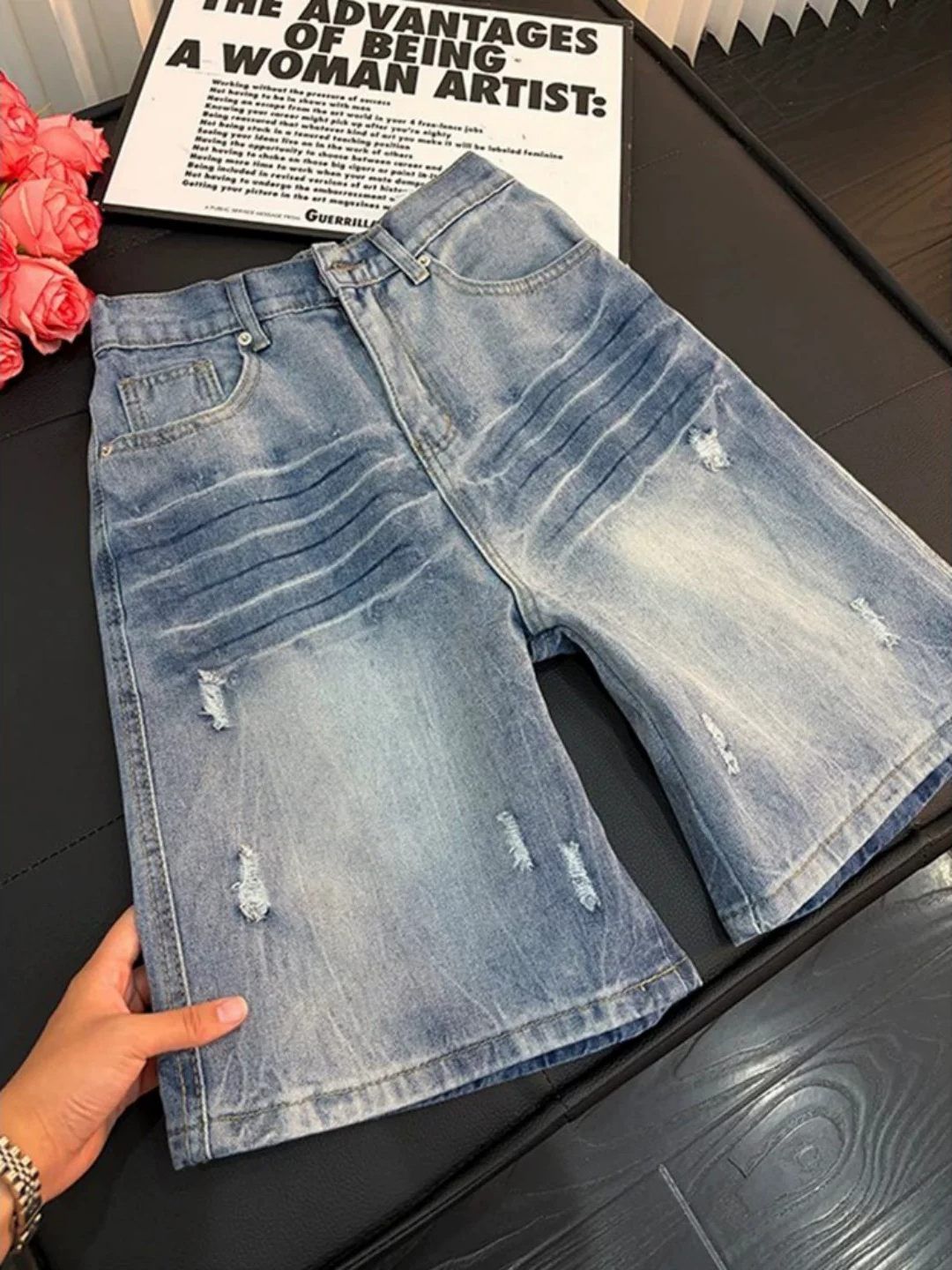 Men's American Retro Distressed Washed Ripped Denim Shorts Trendy Loose Straight Leg Five Point Casual Mid-Length Pants_mkmklike.com