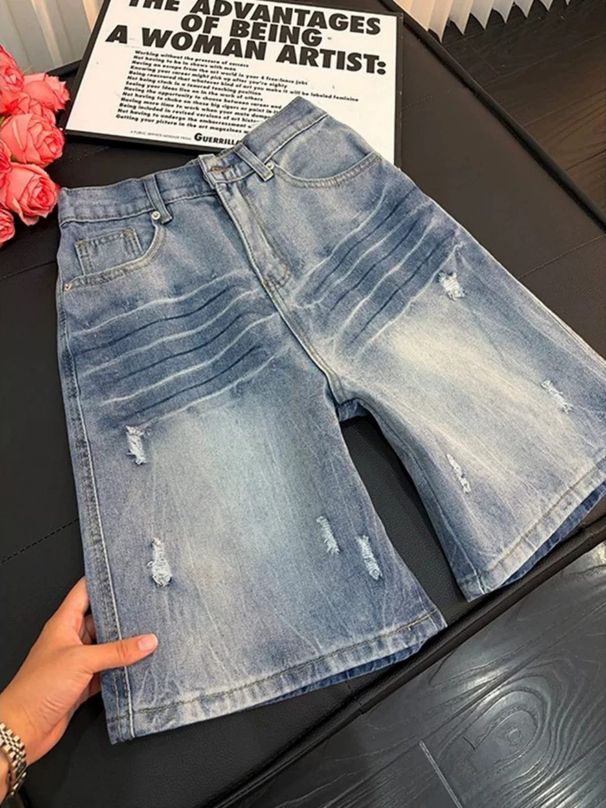 Men's American Retro Distressed Washed Ripped Denim Shorts Trendy Loose Straight Leg Five Point Casual Mid-Length Pants_mkmklike.com
