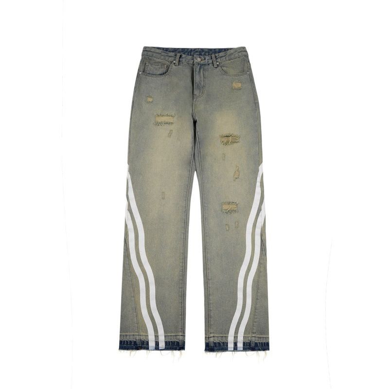 Men's Vintage Washed Distressed Denim Jeans With Wave Double Bootcut Design - Classic Straight Leg Stretch-Free Jeans For Casual Wear_mkmklike.com