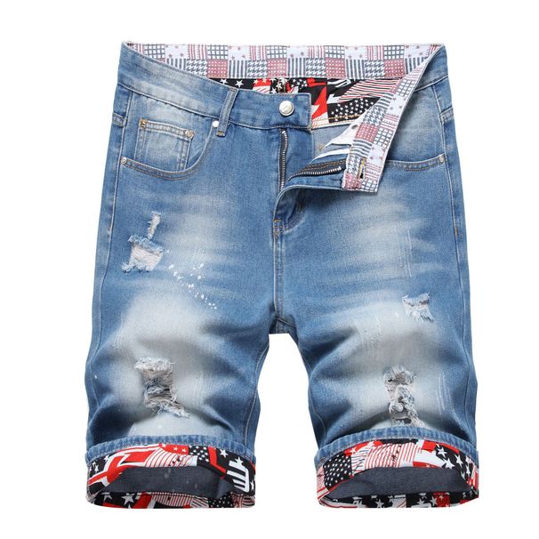 "Men's Distressed Denim Shorts – Vintage Washed Five-Pocket Streetwear With Mid Waist Comfort (Sizes 28-42, Blue/Black)"_mkmklike.com