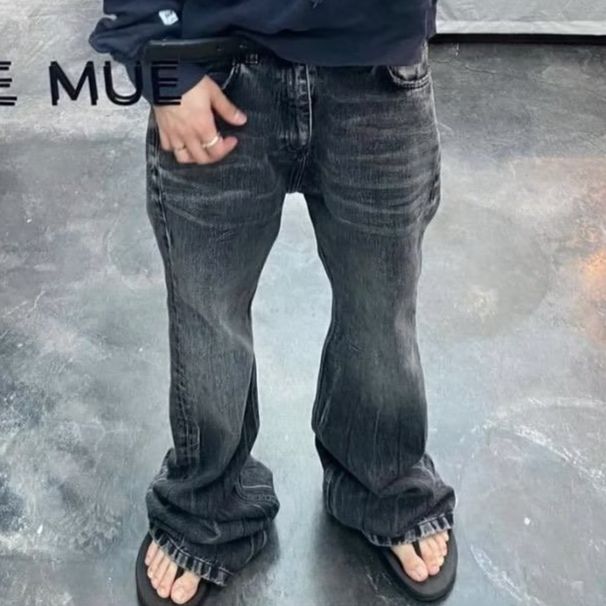 Men's Clothing Washed Black Flared Jeans For Men High Street Vibe Style Loose Wide Leg Cleanfit_mkmklike.com