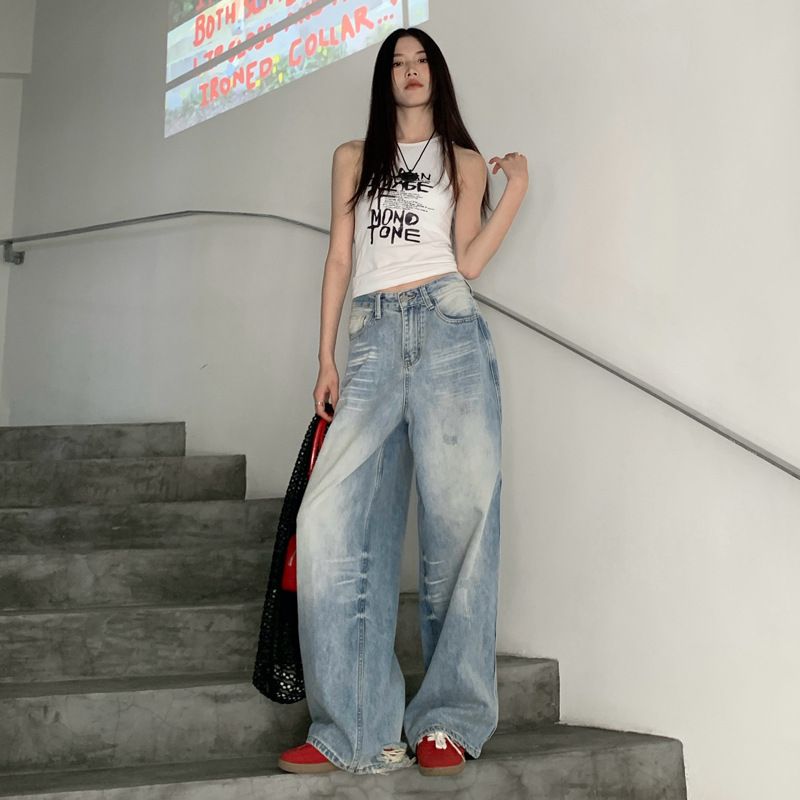 Distressed Low-Rise Wide-Leg Jeans For Women – Vintage Washed, Streetwear & Hip-Hop Style (XS-XL, Light Blue, Regular & Tall Lengths)_mkmklike.com