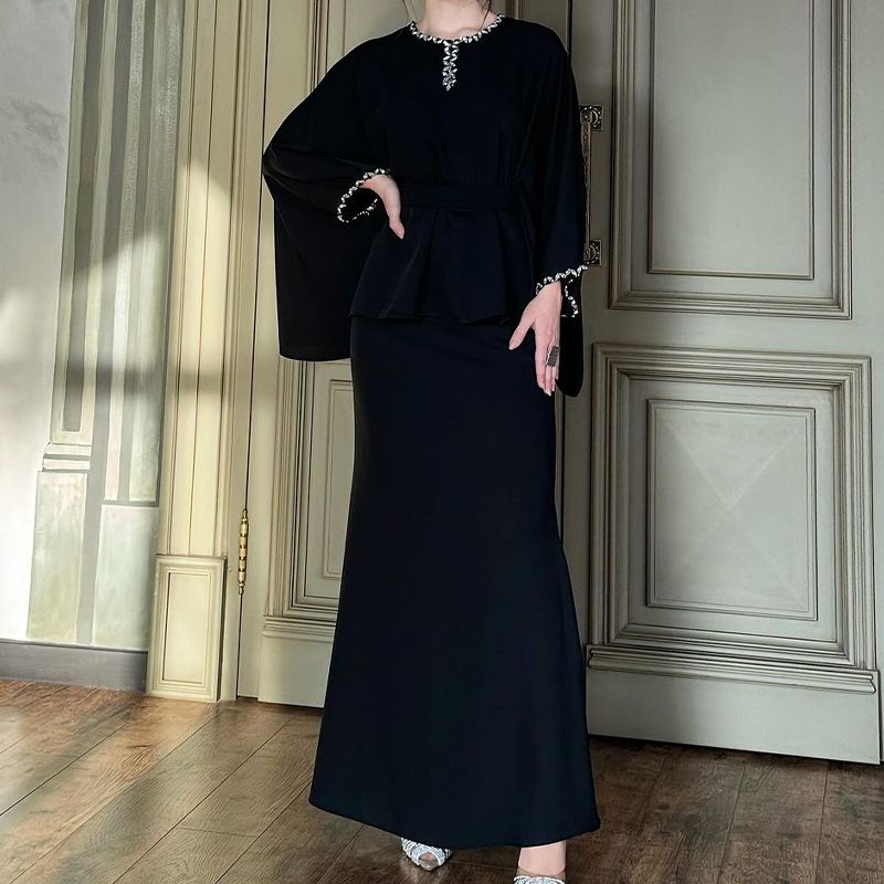 Women's Clothing Autumn New Round Neck Bat Sleeve Waist Slim Dress Suit for Women_mkmklike.com