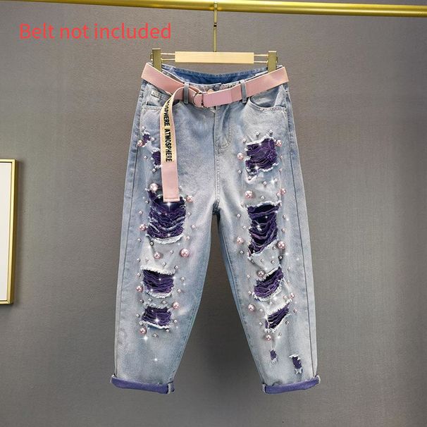 Women's Clothing Loose High Waist Slimming Heavy Industry Pearl Ripped Beggar Jeans Women's Trendy Pants(Belt Not Included)_mkmklike.com