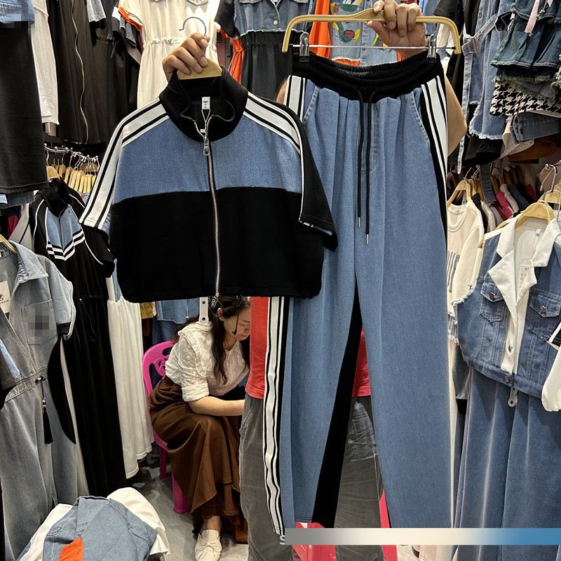 Women's Contrast Trim Denim Two-Piece Set - Stand Collar Top & Wide Leg Pants, Summer Sporty Chic Outfit_mkmklike.com