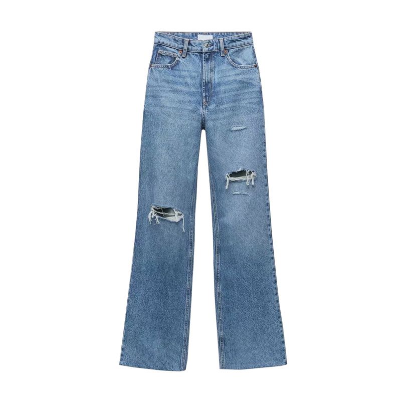 Women's Clothing New Slim High Waist Straight Trousers Ripped Decorative Wide Leg Jeans_mkmklike.com