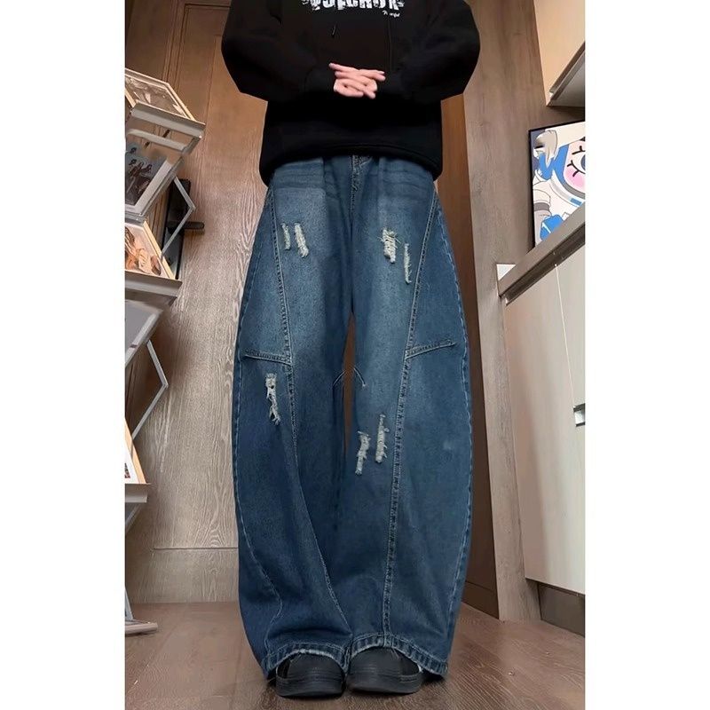 "Men's Distressed Blade-Cut Jeans – Relaxed Straight-Leg Wide Trousers (Summer Lightweight, Urban Streetwear, Stretch Comfort)"_mkmklike.com