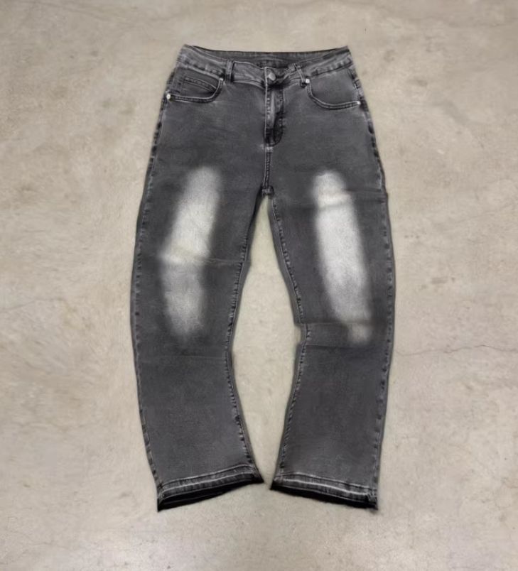 Men's Clothing American Style Washed Light Grey Distressed Solid Color Jeans For Men And Women With Raw Hem Basic Straight Trousers_mkmklike.com