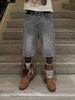 Vintage Washed Denim Jeans for Men Distressed Cat Whisker Rhinestone Embellished Baggy Pants High-Quality Cotton B3072 Blue_mkmklike.com