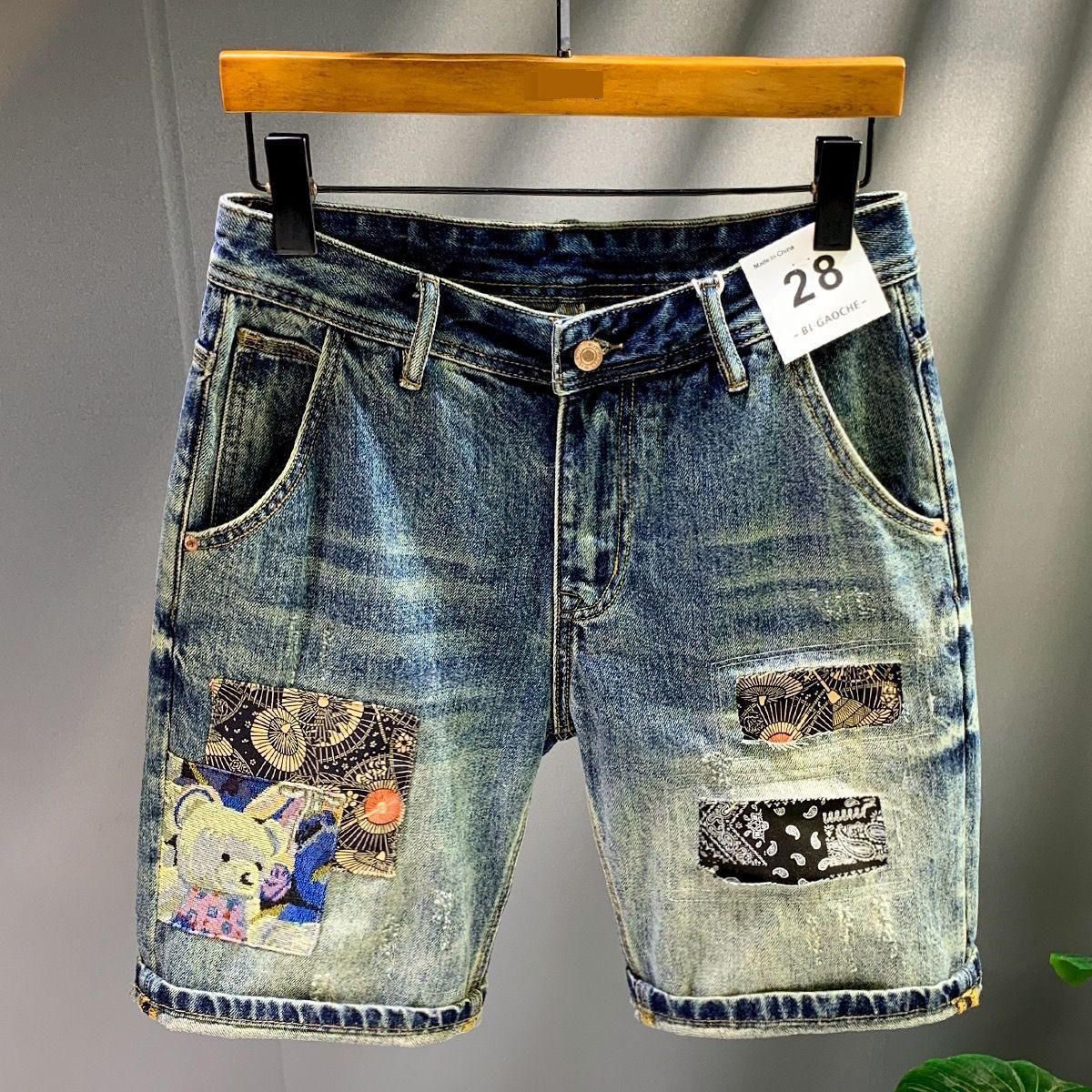 Men's Clothing High Street Fashion Retro Denim Shorts Loose Personality Trendy Ripped Patch 5 Point Pants_mkmklike.com