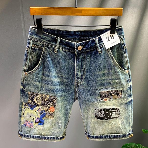 Men's Clothing High Street Fashion Retro Denim Shorts Loose Personality Trendy Ripped Patch 5 Point Pants_mkmklike.com